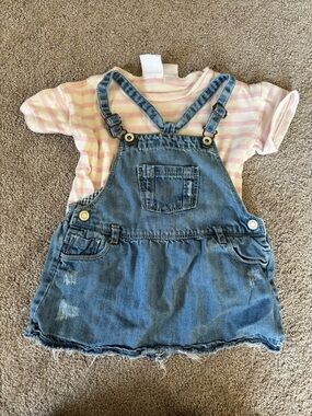 Zara Blue Denim Overall Skirt with Pink Stripe Tee